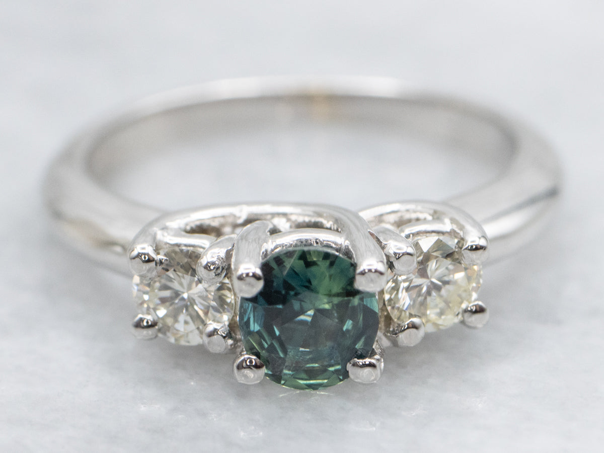 Blue-Green Sapphire and Diamond Three-Stone Ring