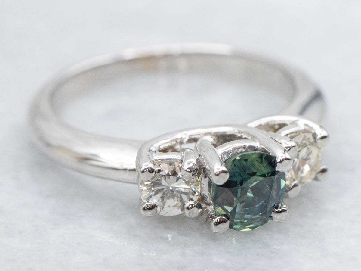 Blue-Green Sapphire and Diamond Three-Stone Ring