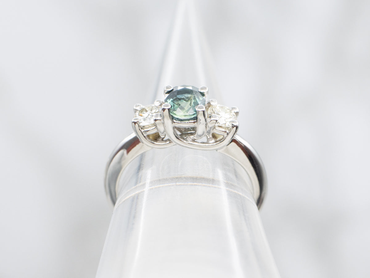 Blue-Green Sapphire and Diamond Three-Stone Ring
