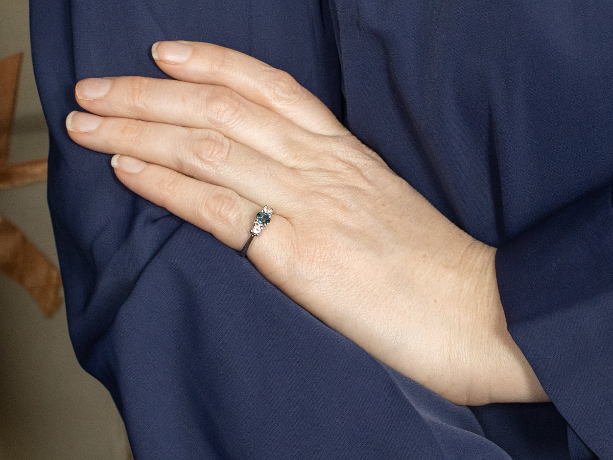 Blue-Green Sapphire and Diamond Three-Stone Ring