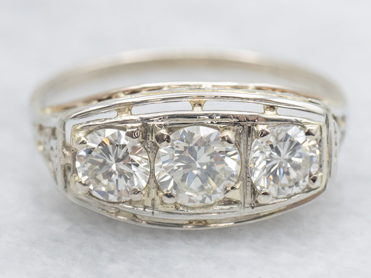 Three Stone Diamond Late Art Deco Ring