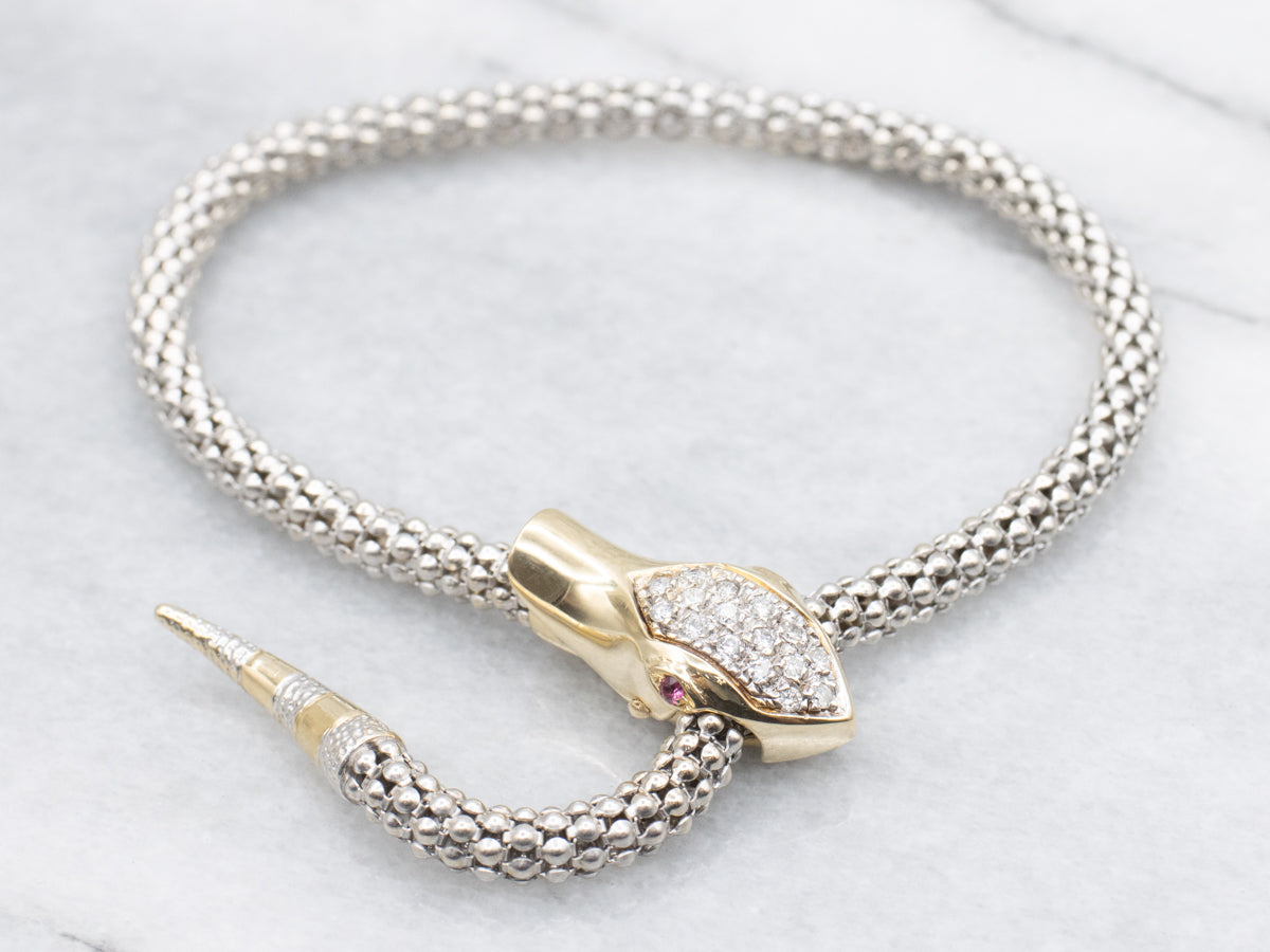 Modern Gold Ruby and Diamond  Snake Bracelet