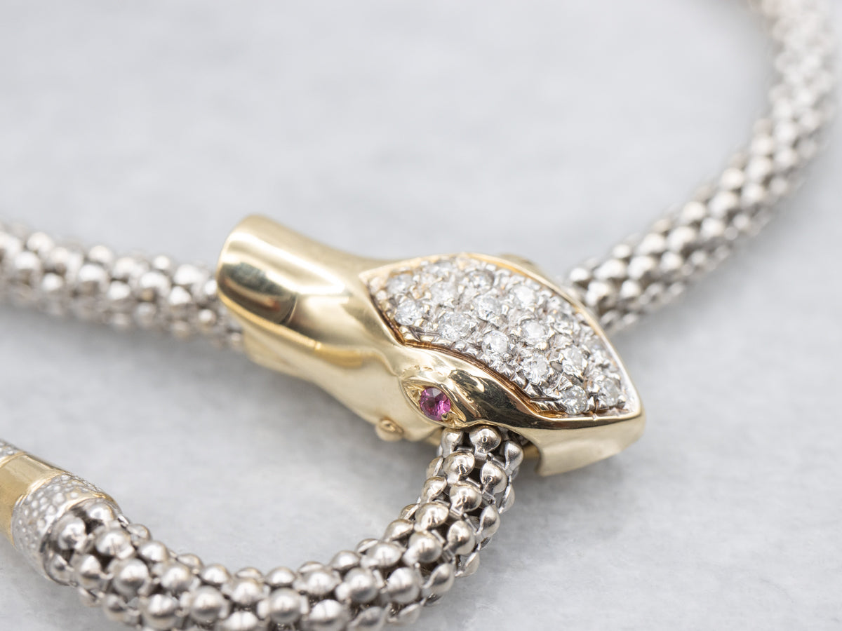 Modern Gold Ruby and Diamond  Snake Bracelet