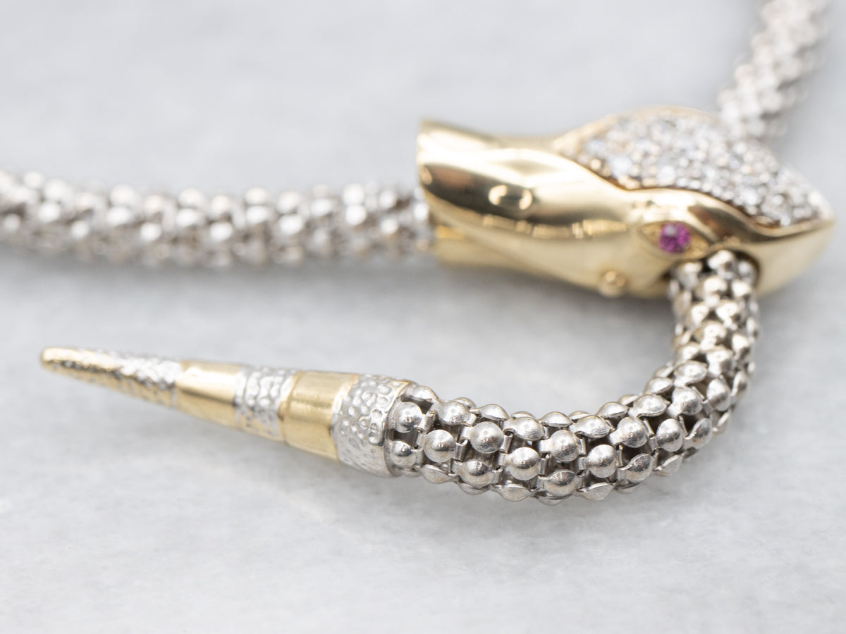 Modern Gold Ruby and Diamond  Snake Bracelet