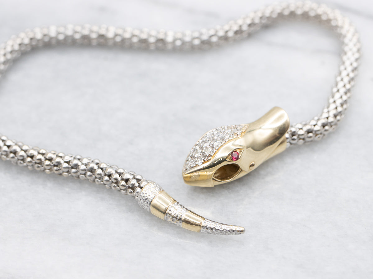 Modern Gold Ruby and Diamond  Snake Bracelet