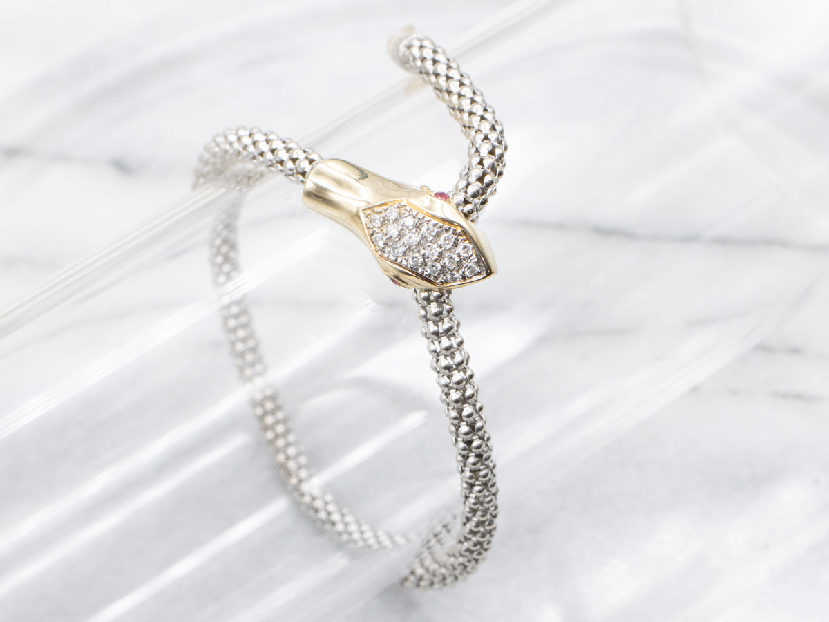 Modern Gold Ruby and Diamond  Snake Bracelet