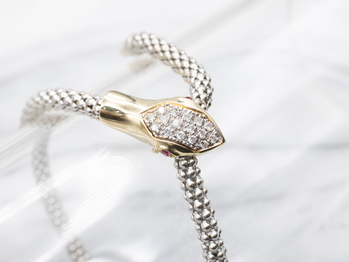 Modern Gold Ruby and Diamond  Snake Bracelet