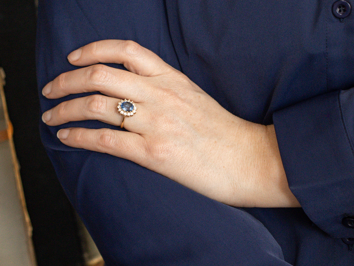 Pretty Blue Sapphire and Diamond Halo Cocktail Ring