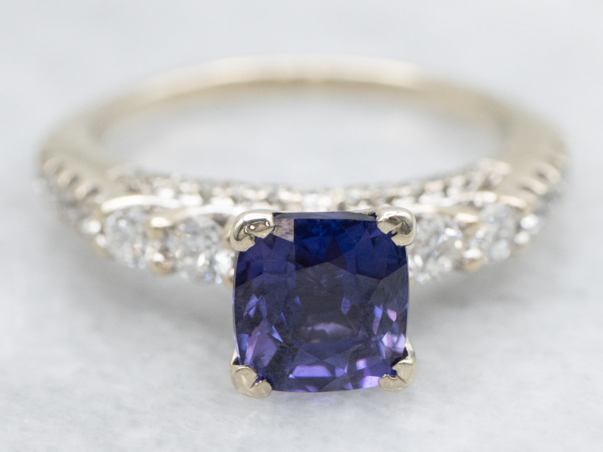 Modern Indigo-Hued Sapphire and Diamond Engagement Ring