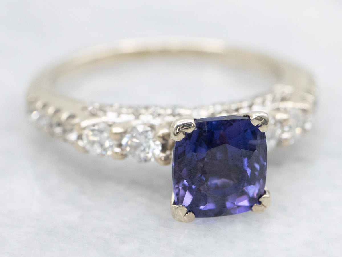 Modern Indigo-Hued Sapphire and Diamond Engagement Ring