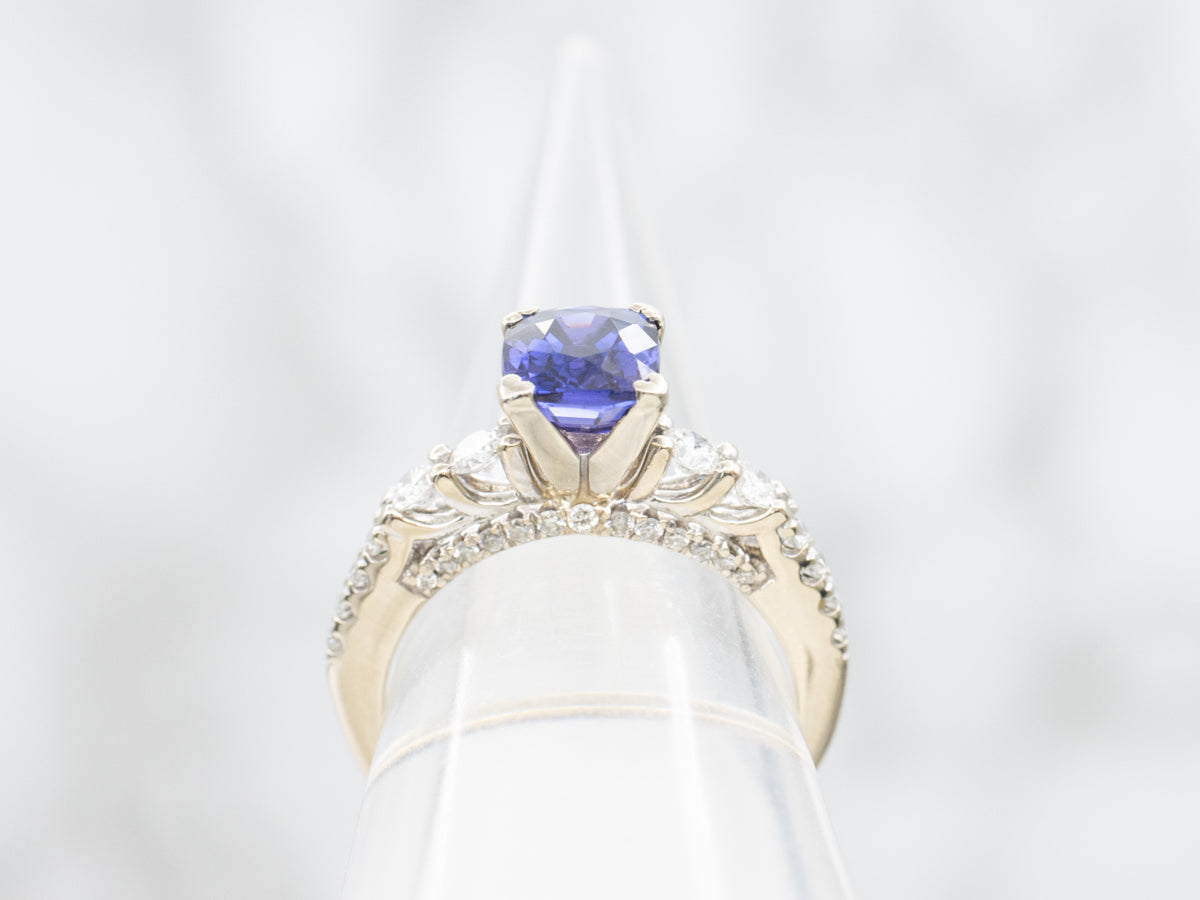 Modern Indigo-Hued Sapphire and Diamond Engagement Ring