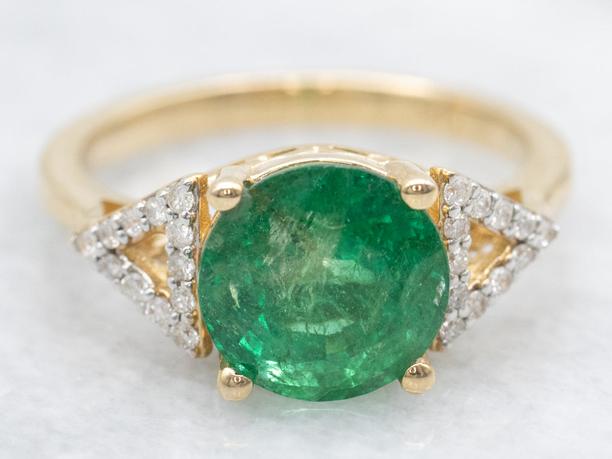 Modern Gold Emerald and Diamond Triangle Shoulder Ring