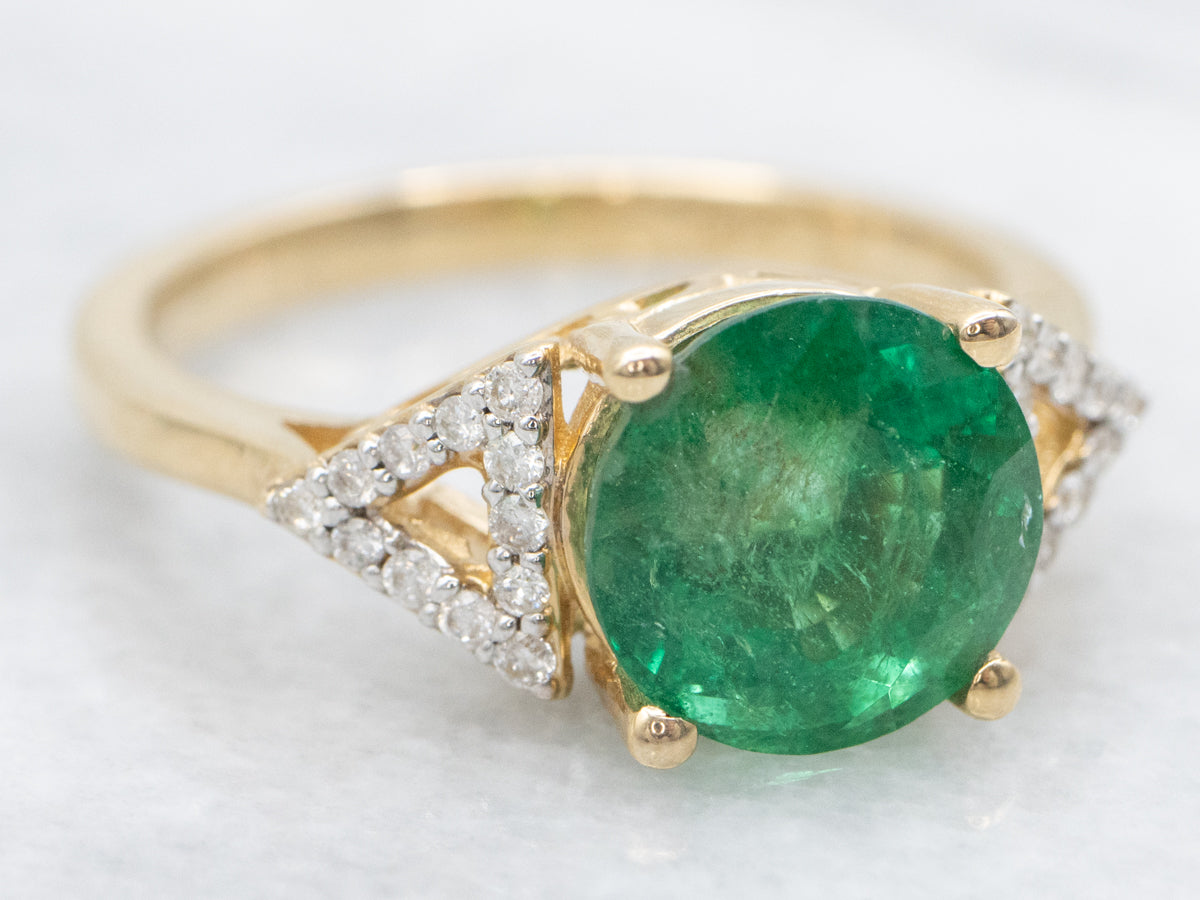 Modern Gold Emerald and Diamond Triangle Shoulder Ring