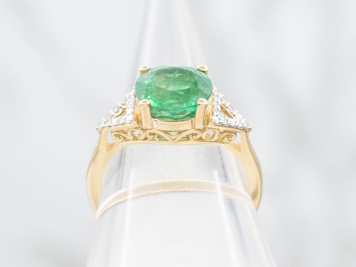Modern Gold Emerald and Diamond Triangle Shoulder Ring