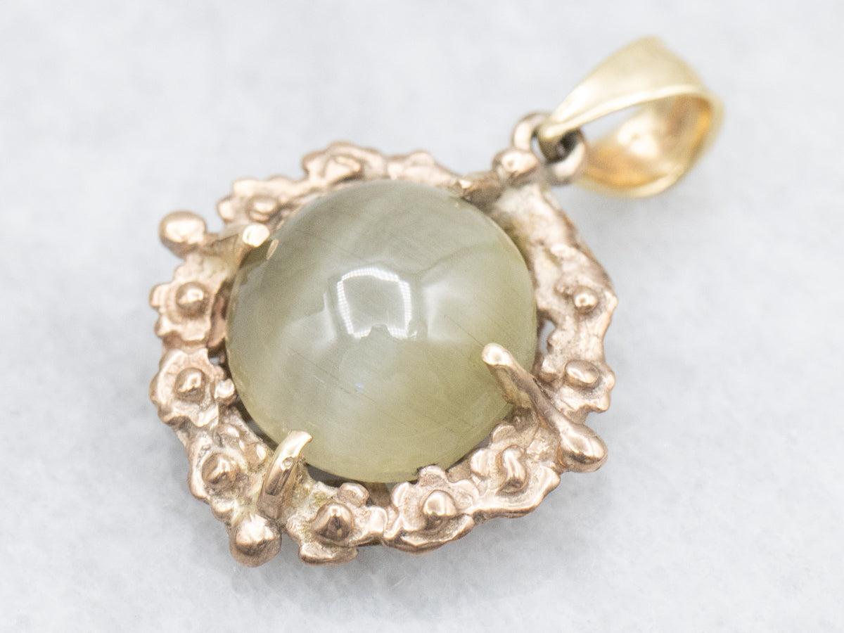 Cat's Eye Sillimanite Pendant in Vintage Mid Century Floral Frame