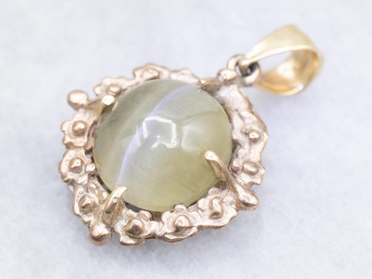 Cat's Eye Sillimanite Pendant in Vintage Mid Century Floral Frame