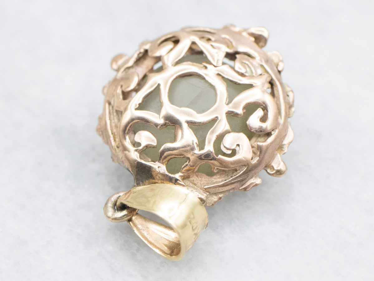 Cat's Eye Sillimanite Pendant in Vintage Mid Century Floral Frame