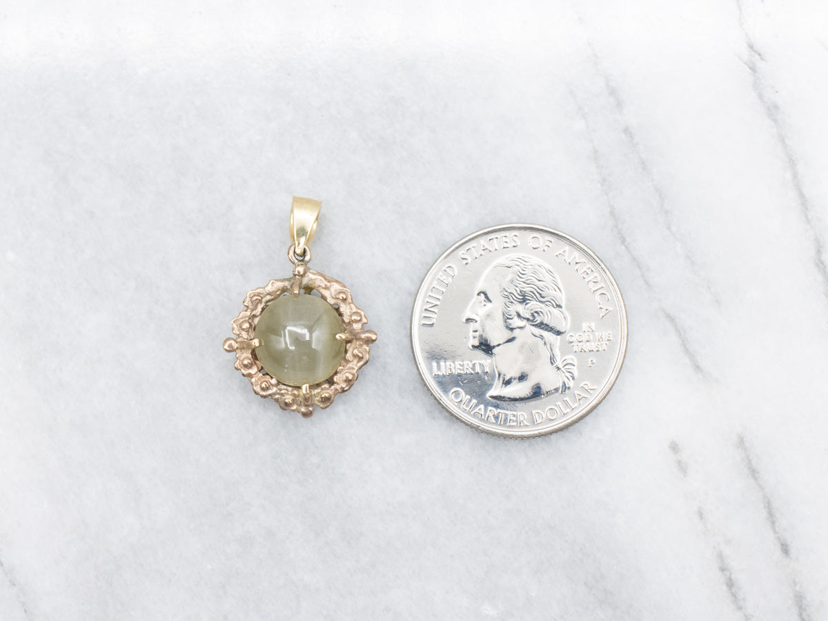 Cat's Eye Sillimanite Pendant in Vintage Mid Century Floral Frame