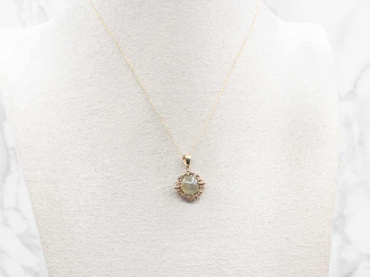 Cat's Eye Sillimanite Pendant in Vintage Mid Century Floral Frame