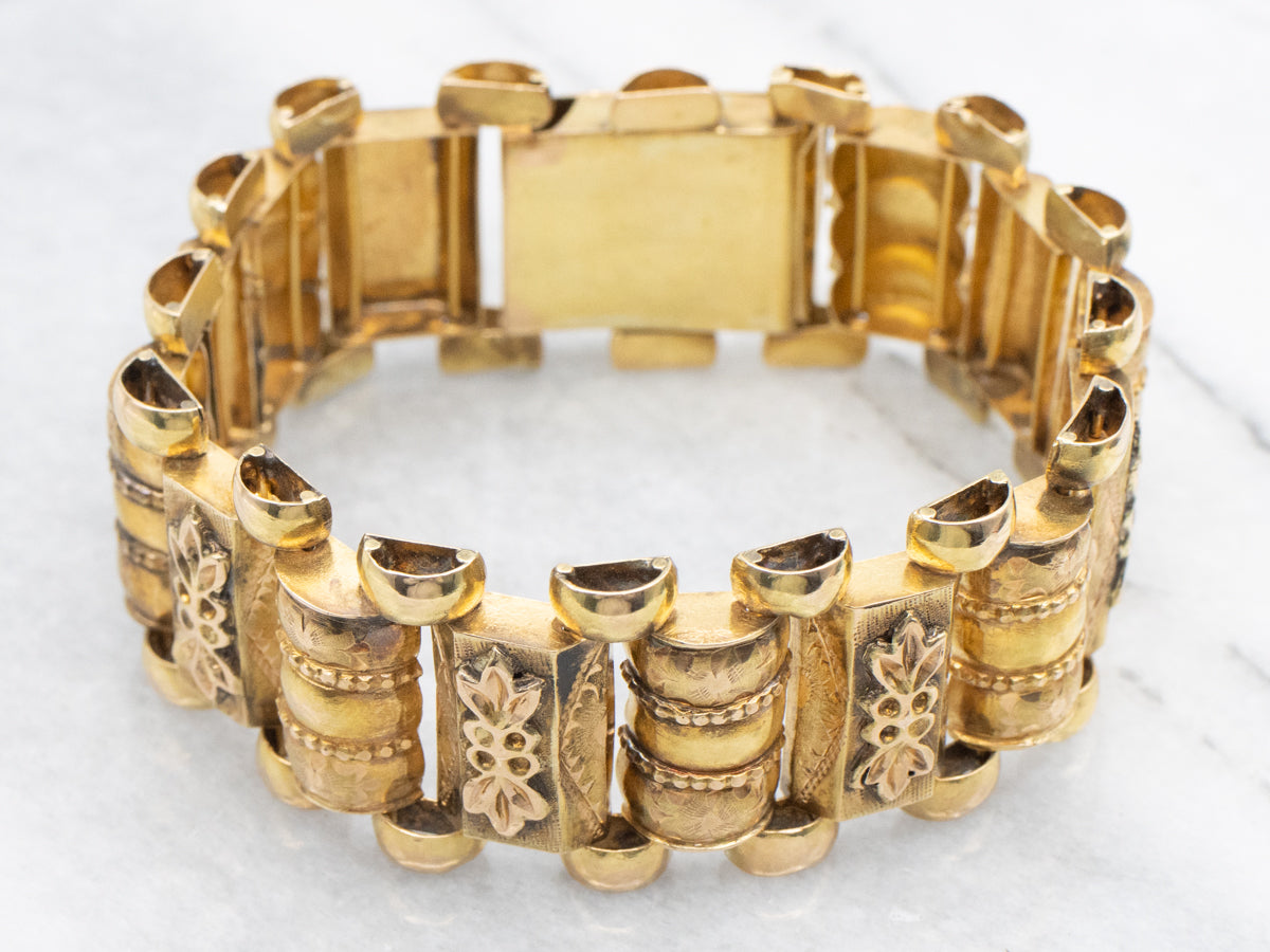 18K Yellow Gold Victorian Floral Link Bracelet