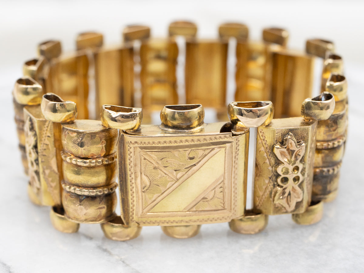 18K Yellow Gold Victorian Floral Link Bracelet