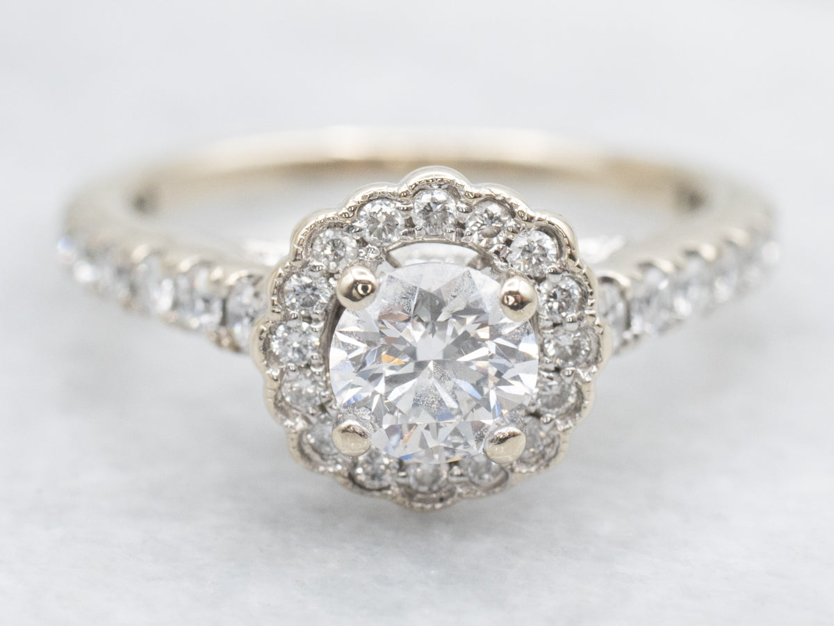Modern Scalloped Halo Diamond Engagement Ring