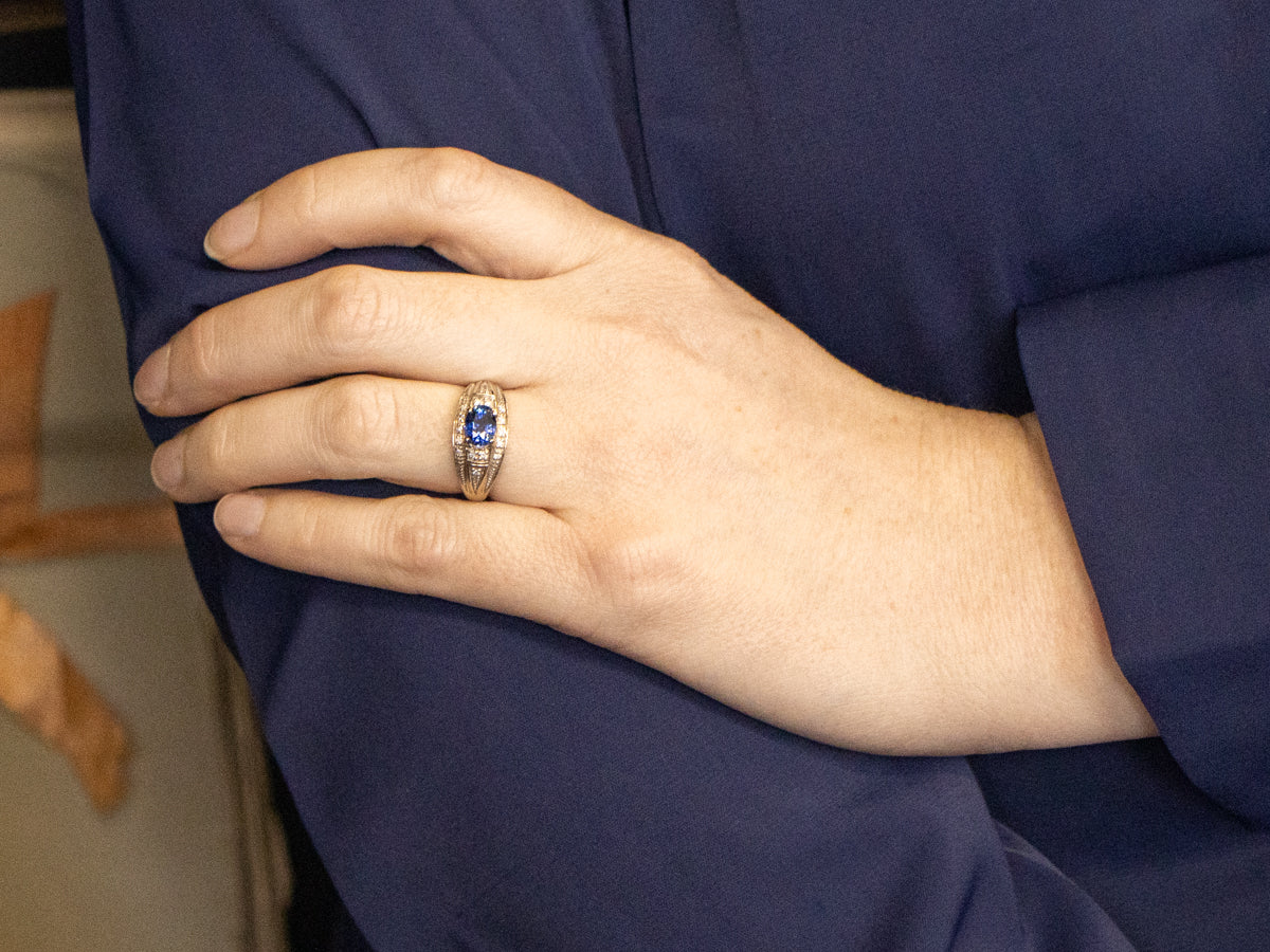 Vintage Gold Blue Sapphire and Diamond Ring
