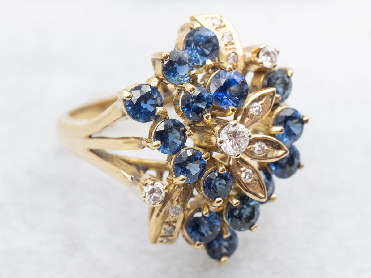 Botanical Blue Sapphire and Diamond Cluster Cocktail Ring