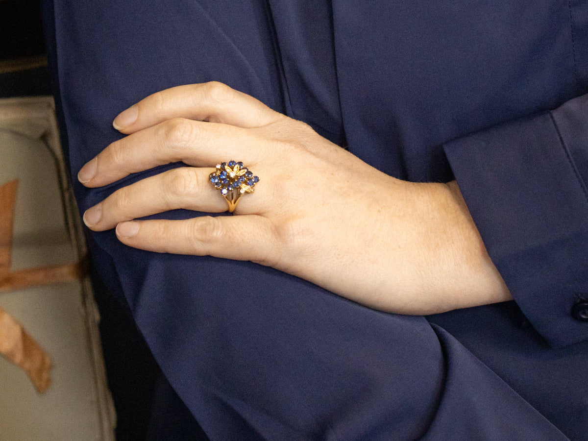 Botanical Blue Sapphire and Diamond Cluster Cocktail Ring
