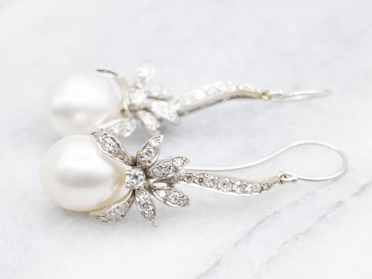 Retro Style Baroque Pearl and Diamond Drop Earrings