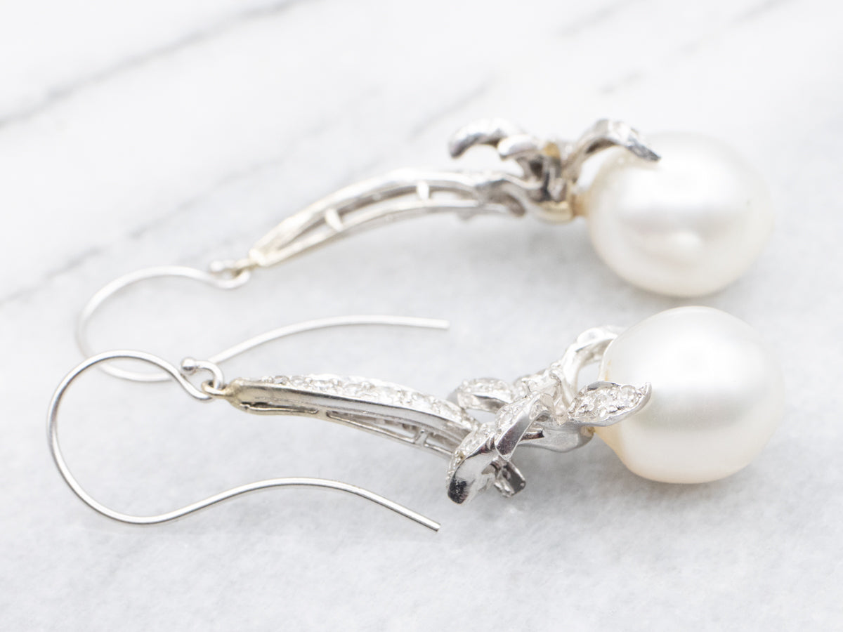 Retro Style Baroque Pearl and Diamond Drop Earrings