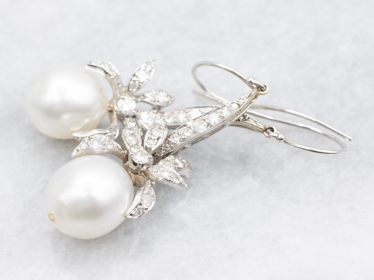 Retro Style Baroque Pearl and Diamond Drop Earrings