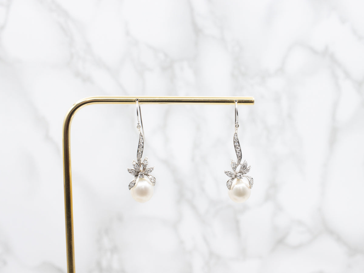 Retro Style Baroque Pearl and Diamond Drop Earrings