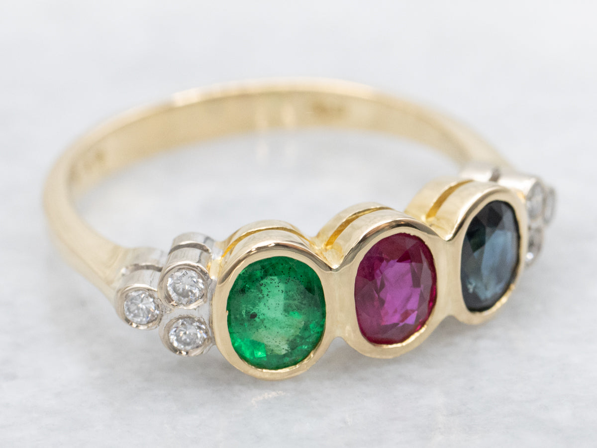 Bezel-Set 18-Karat Gold Emerald Ruby Sapphire and Diamond Band