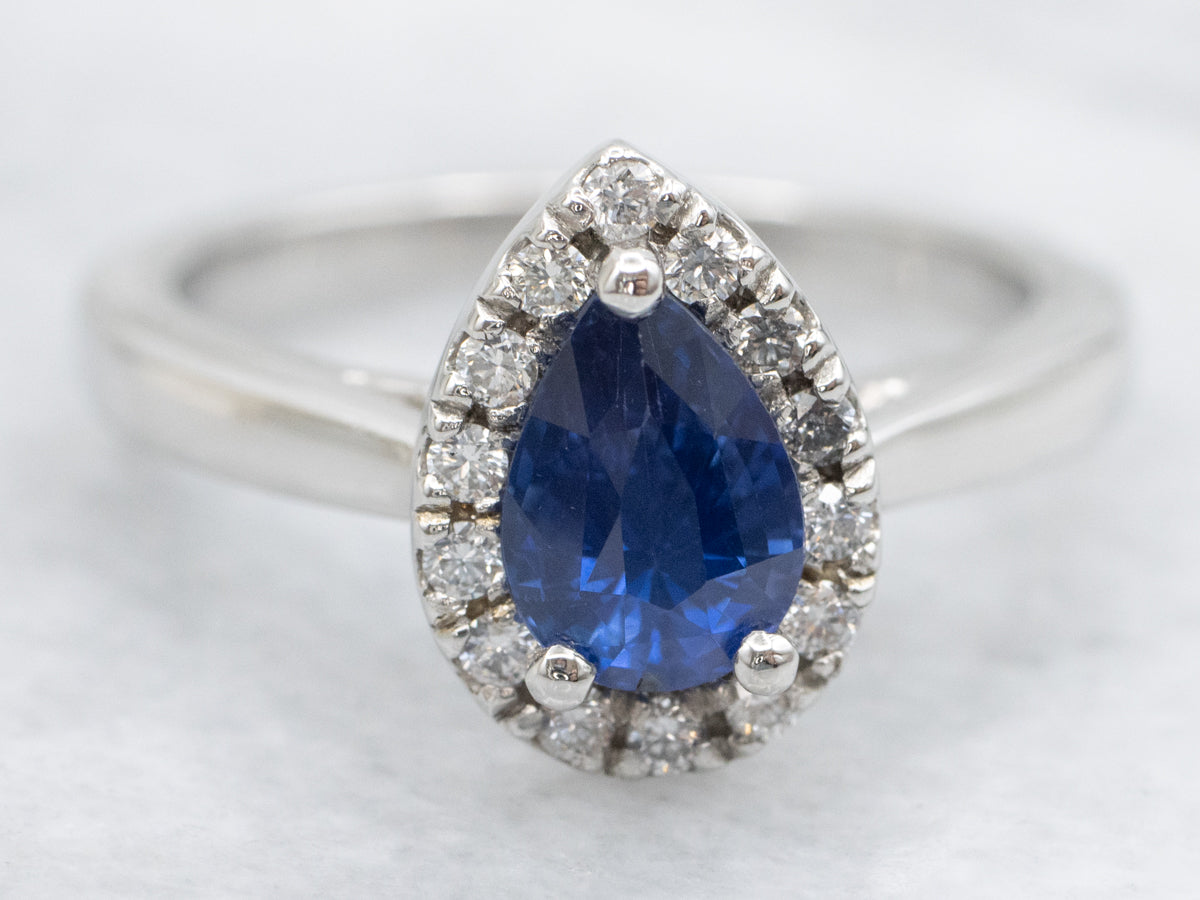 Platinum Pear Cut Sapphire Engagement Ring with Diamond Halo