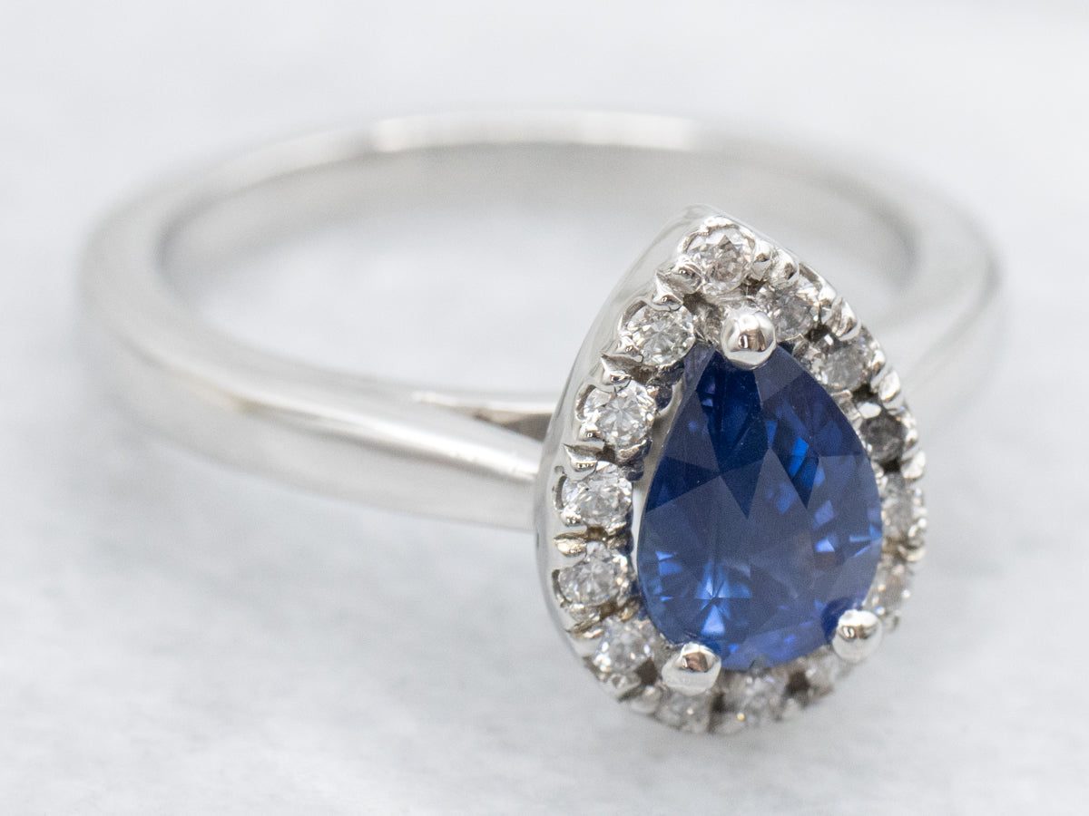 Platinum Pear Cut Sapphire Engagement Ring with Diamond Halo