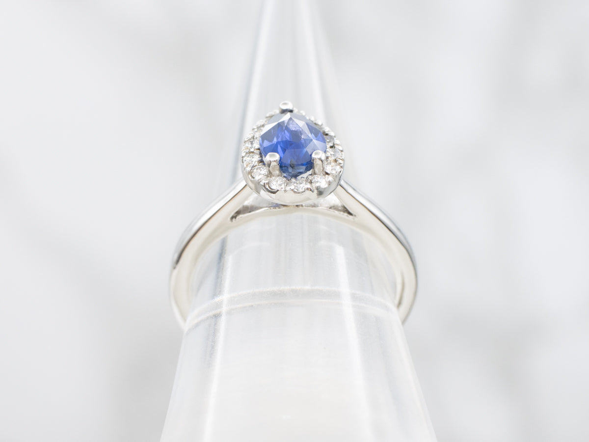 Platinum Pear Cut Sapphire Engagement Ring with Diamond Halo