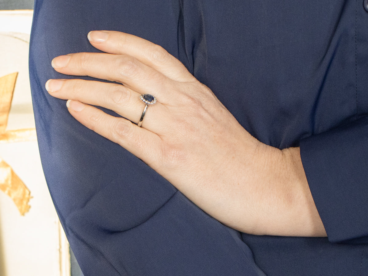 Platinum Pear Cut Sapphire Engagement Ring with Diamond Halo