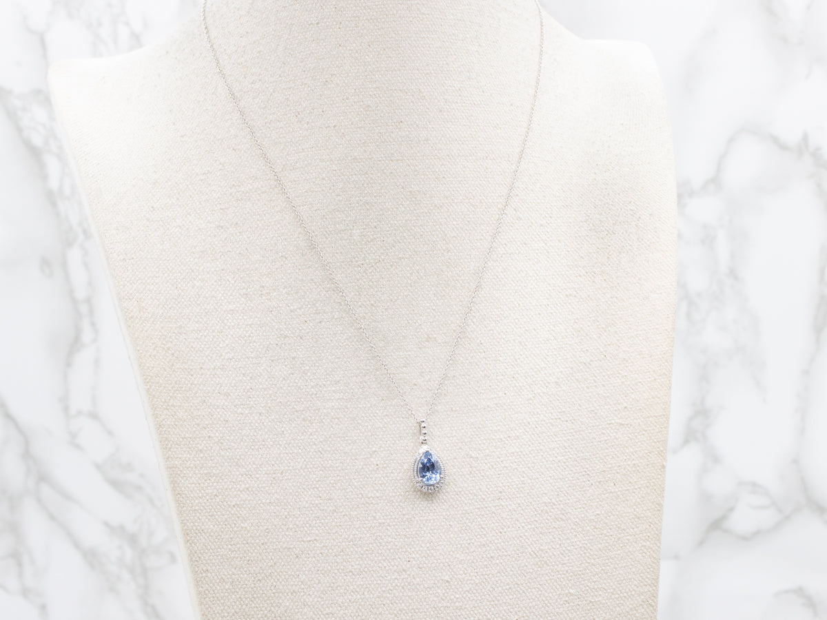 Modern Pear-Cut Sapphire and Diamond Halo Pendant Necklace