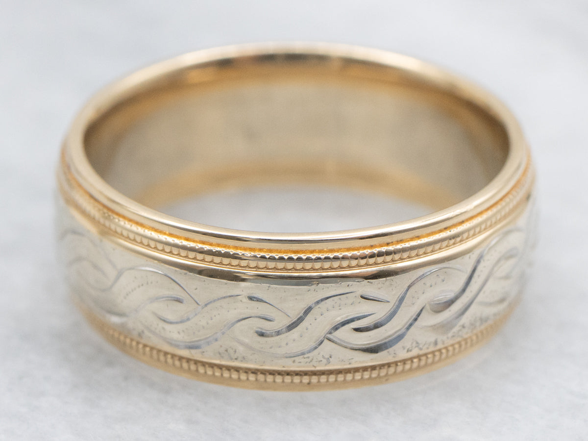 Men's Two Tone Gold Etched Patterned Band
