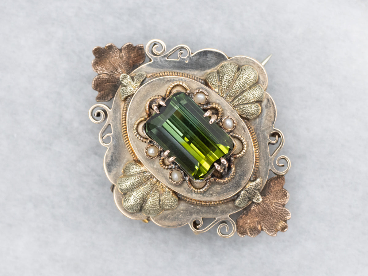 Green Tourmaline Art Nouveau Era Tri-Colored Gold Botanical Brooch