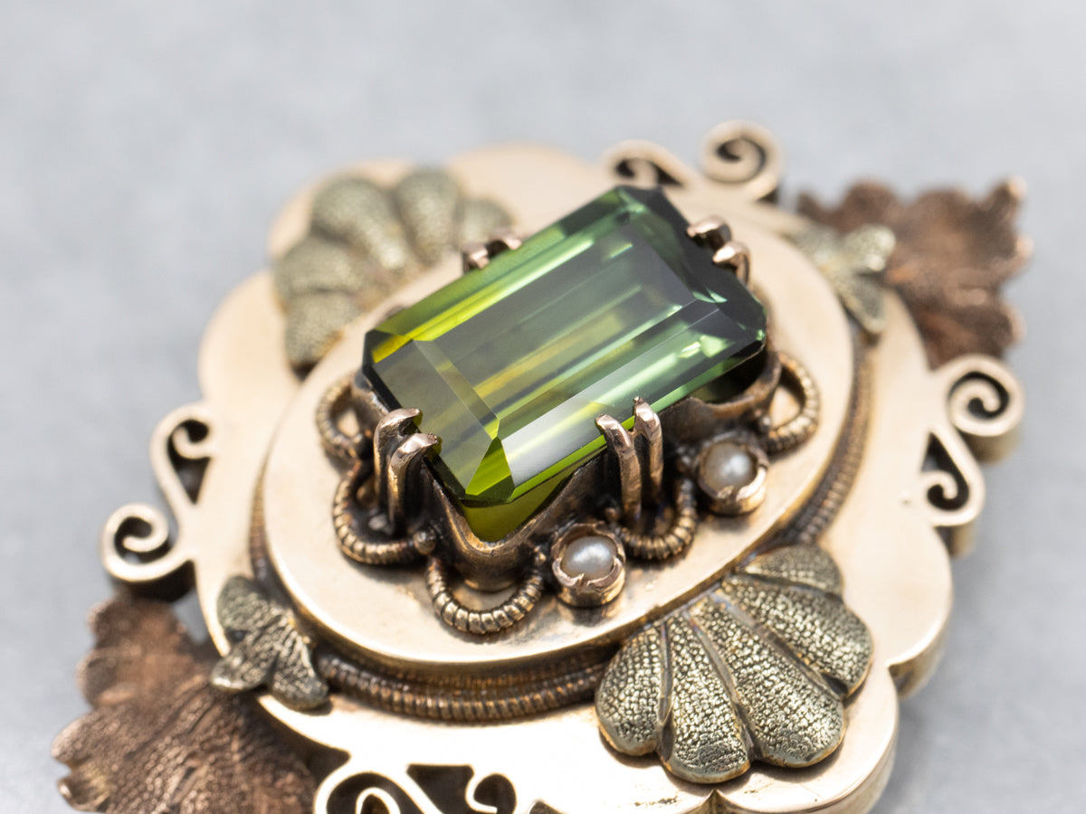 Green Tourmaline Art Nouveau Era Tri-Colored Gold Botanical Brooch