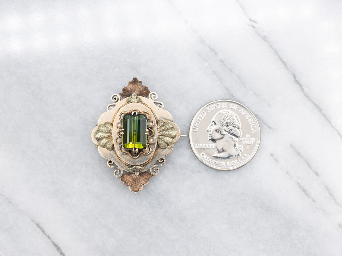 Green Tourmaline Art Nouveau Era Tri-Colored Gold Botanical Brooch