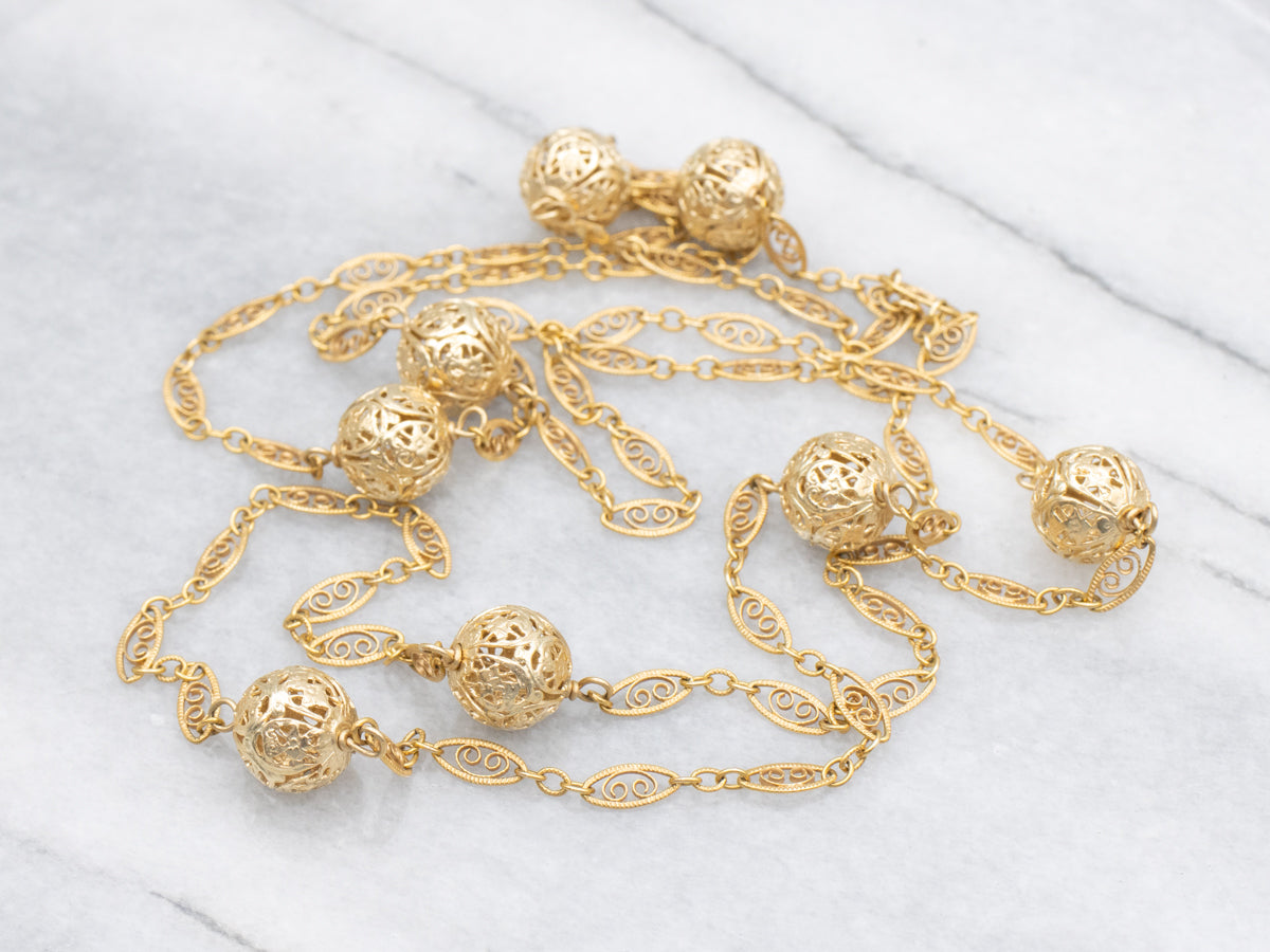 Continuous Vintage Gold Filigree Orb Station Necklace