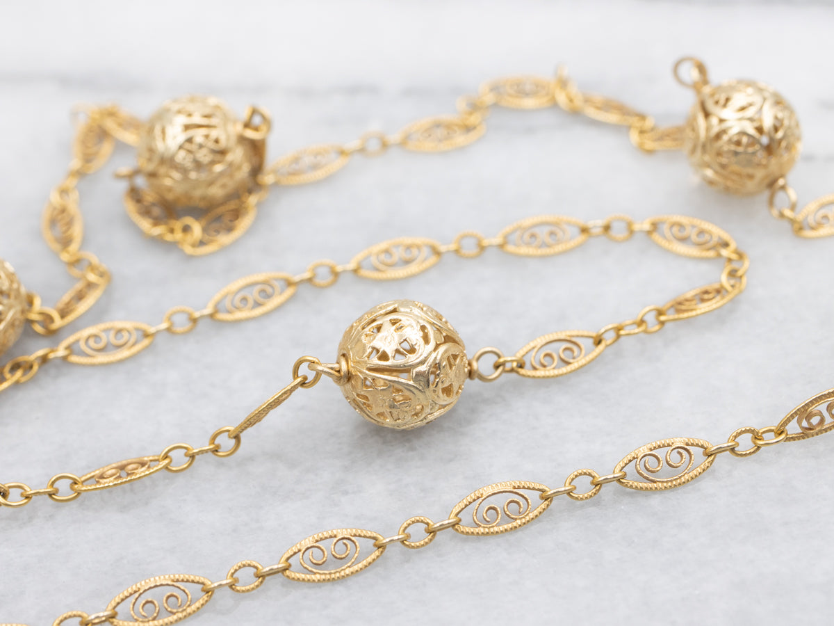 Collar de cadena de orbe de filigrana vintage continua de oro amarillo de 14 quilates