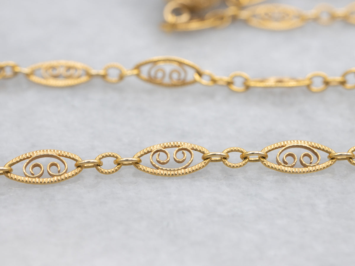 Collar de cadena de orbe de filigrana vintage continua de oro amarillo de 14 quilates