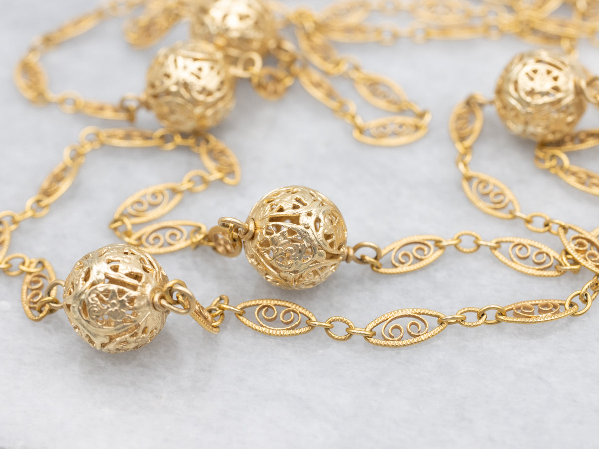 Collar de cadena de orbe de filigrana vintage continua de oro amarillo de 14 quilates