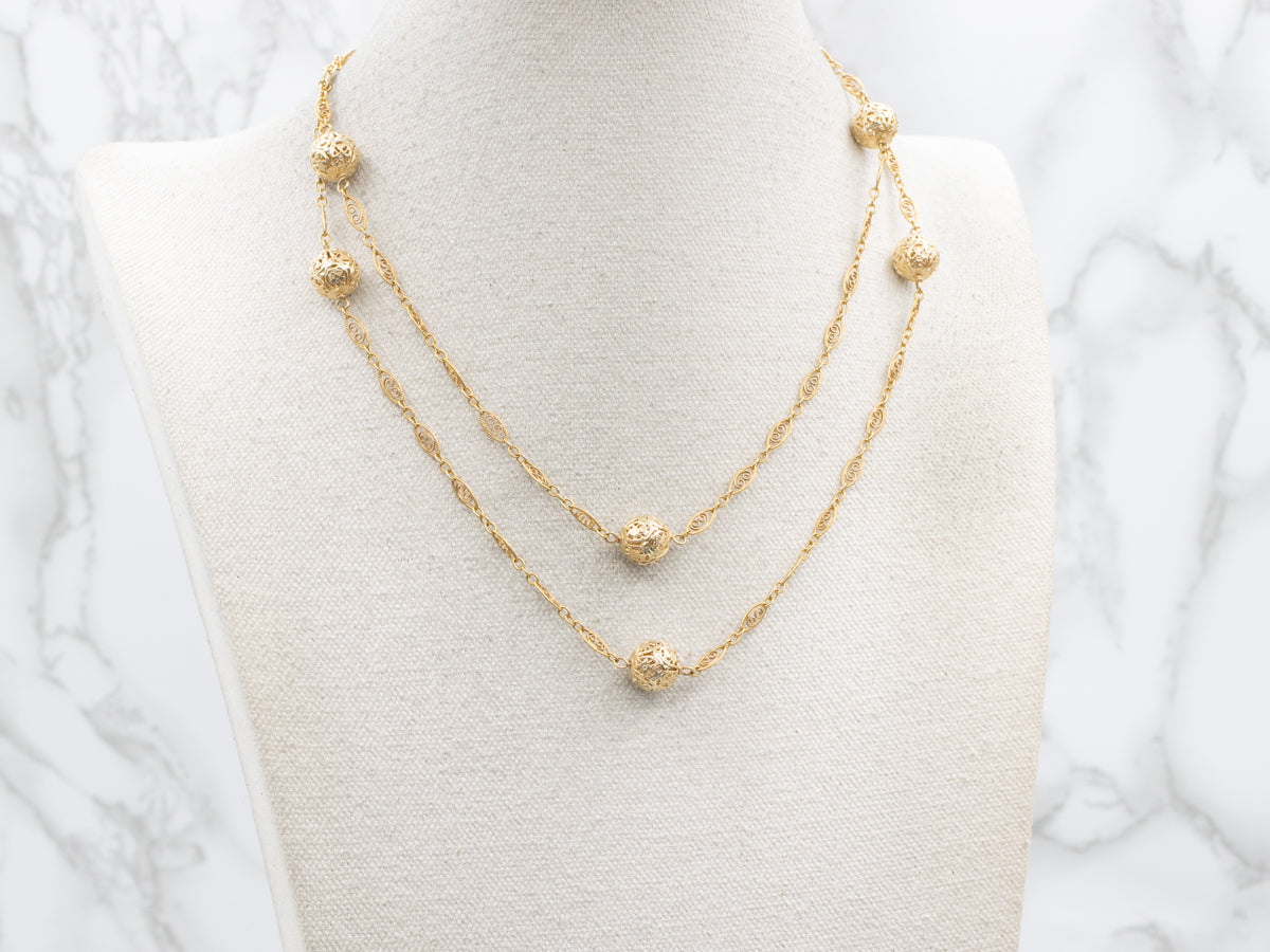 Continuous Vintage Gold Filigree Orb Station Necklace