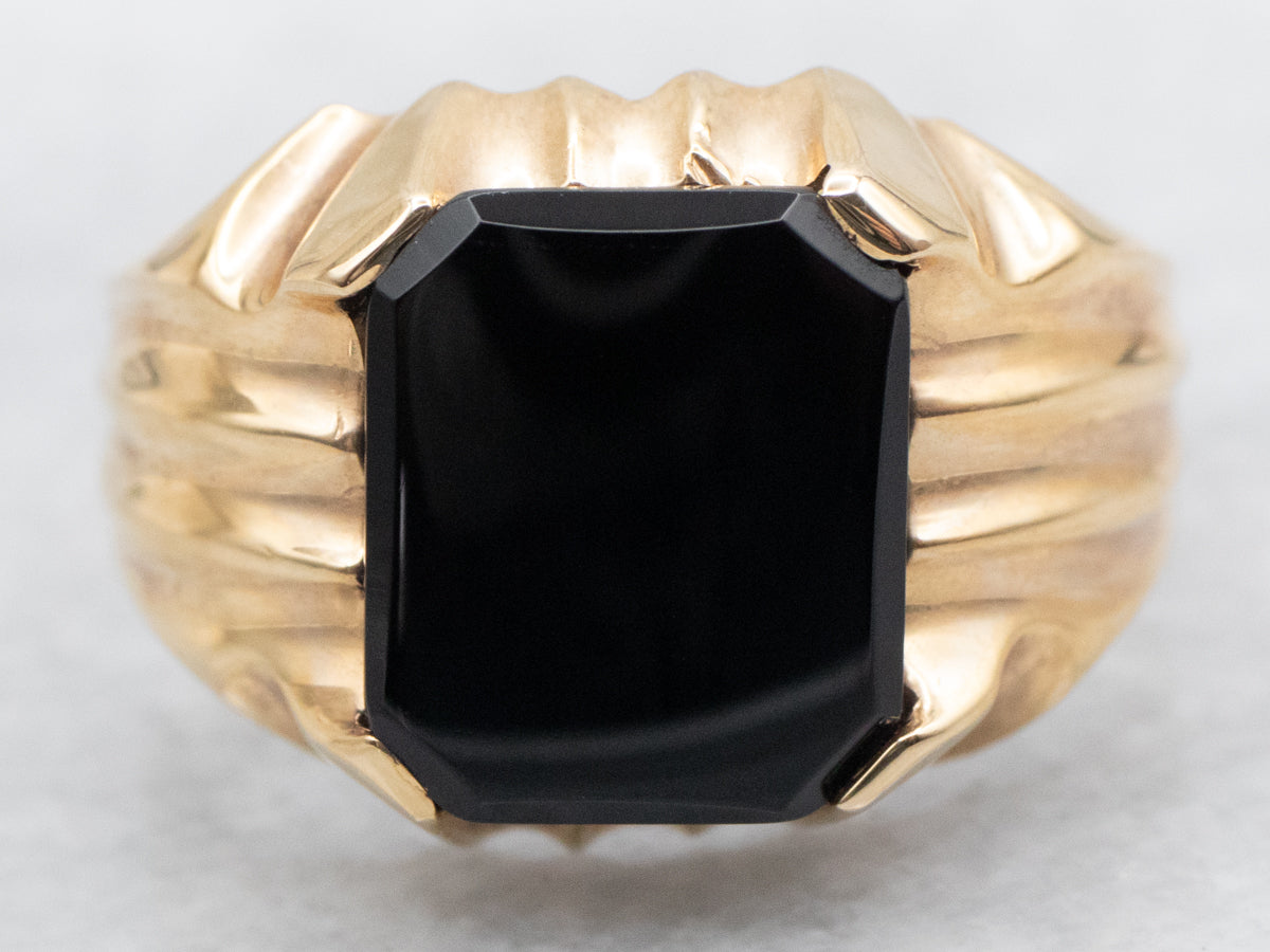 Mid Century Modern Men's Onyx and Gold Ring