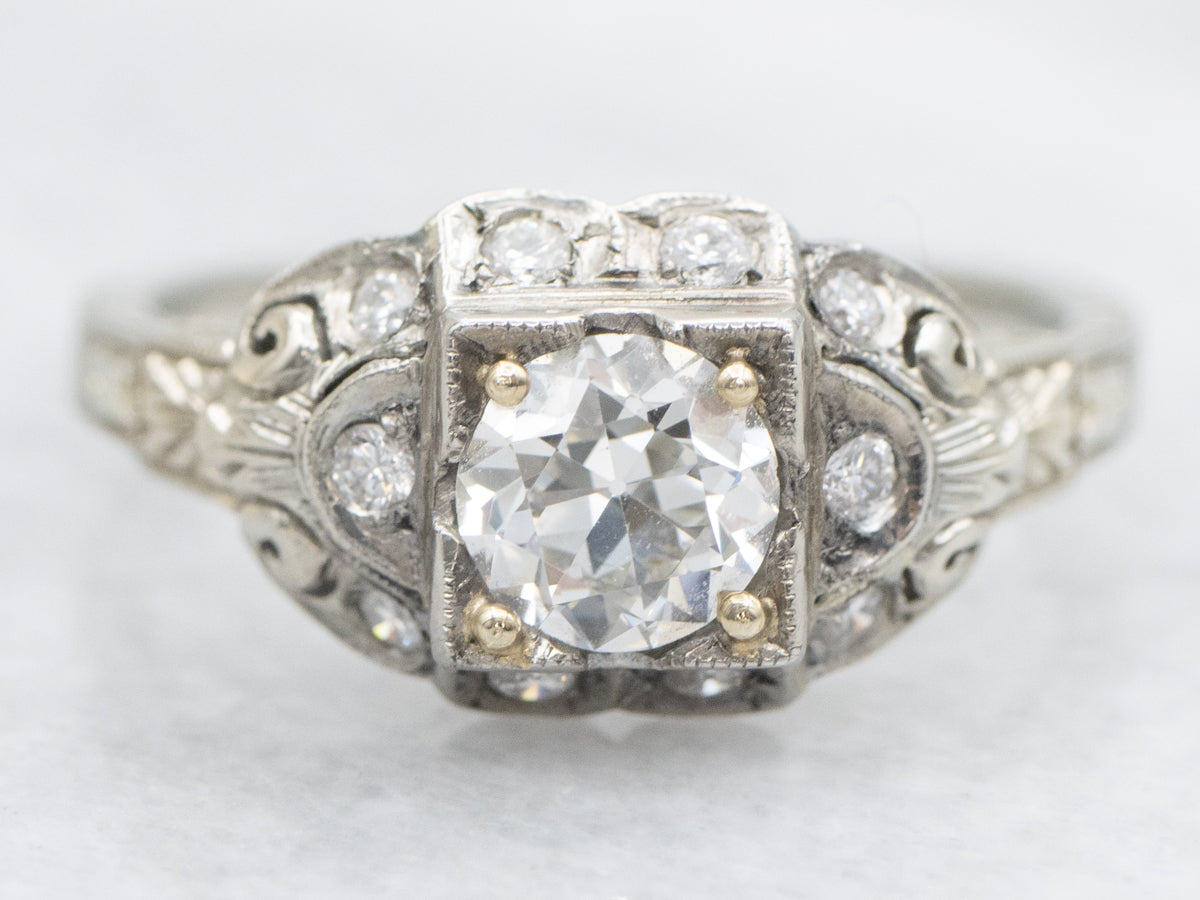 Late Art Deco European Cut Diamond Engagement Ring